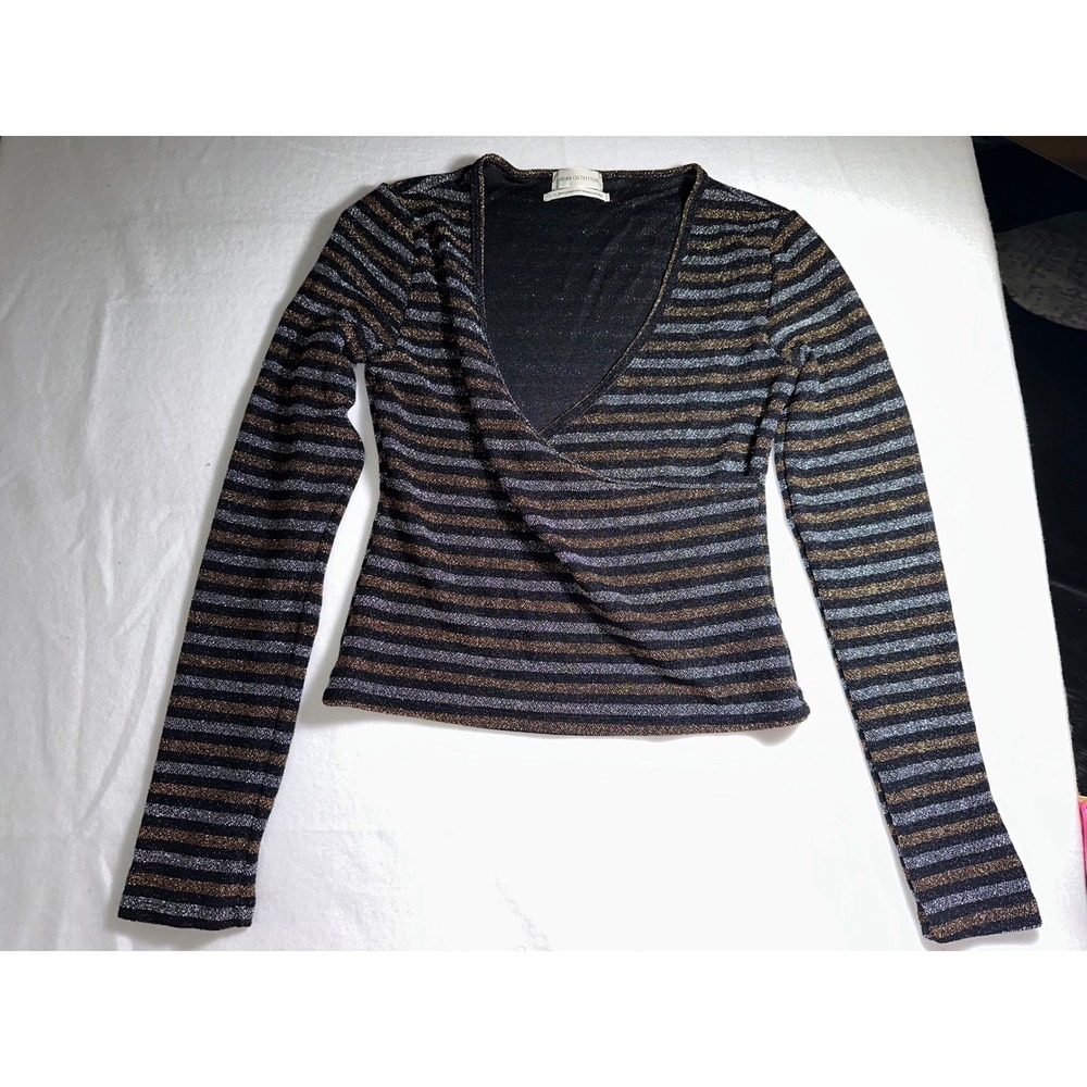 Urban Outfitters Metallic Striped Wrap V-Neck Long Sleeve Top Black Gold L